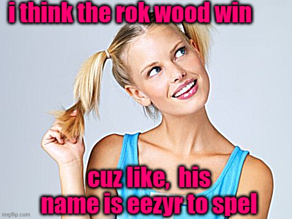 i think the rok wood win cuz like,  his name is eezyr to spel | made w/ Imgflip meme maker