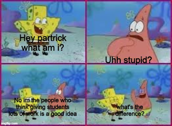We don't need lot's of work. | Hey partrick what am i? Uhh stupid? No im the people who think giving students lots of work is a good idea; what's the difference? | image tagged in hey patrick what am i | made w/ Imgflip meme maker