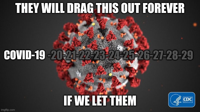 BY THE CONSENT OF THE GOVERNED | THEY WILL DRAG THIS OUT FOREVER; COVID-19; -20-21-22-23-24-25-26-27-28-29; IF WE LET THEM | image tagged in covid 19 | made w/ Imgflip meme maker