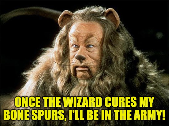 cowardly lion | ONCE THE WIZARD CURES MY BONE SPURS, I'LL BE IN THE ARMY! | image tagged in cowardly lion | made w/ Imgflip meme maker
