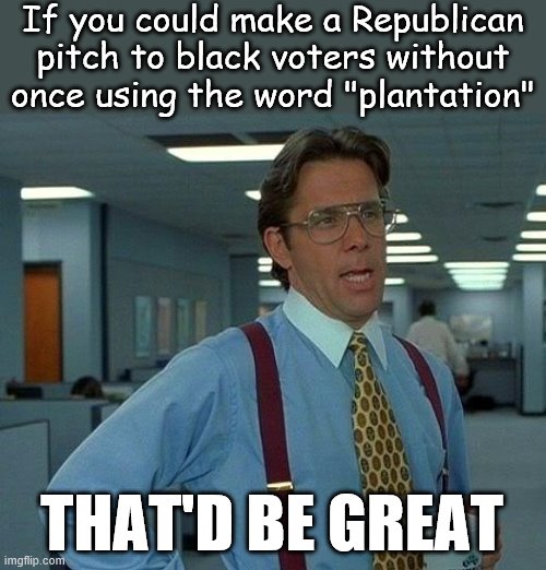 When they tell blacks once again to get off the plantation. | If you could make a Republican pitch to black voters without once using the word "plantation" THAT'D BE GREAT | image tagged in that would be great,racism,passive aggressive racism,slavery,conservative logic,scumbag republicans | made w/ Imgflip meme maker