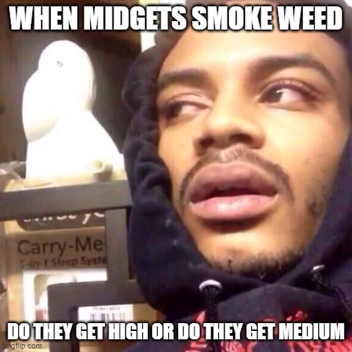 high black guy  | WHEN MIDGETS SMOKE WEED; DO THEY GET HIGH OR DO THEY GET MEDIUM | image tagged in high black guy | made w/ Imgflip meme maker