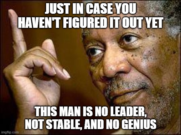 He's Right You Know | JUST IN CASE YOU HAVEN'T FIGURED IT OUT YET; THIS MAN IS NO LEADER, NOT STABLE, AND NO GENIUS | image tagged in he's right you know | made w/ Imgflip meme maker