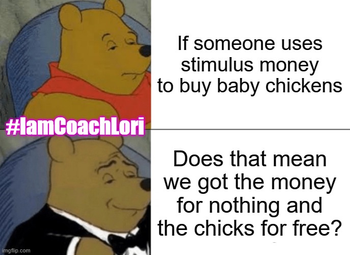 Tuxedo Winnie The Pooh | If someone uses stimulus money to buy baby chickens; #IamCoachLori; Does that mean we got the money for nothing and the chicks for free? | image tagged in memes,tuxedo winnie the pooh | made w/ Imgflip meme maker