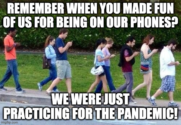 Remember when... | REMEMBER WHEN YOU MADE FUN OF US FOR BEING ON OUR PHONES? WE WERE JUST PRACTICING FOR THE PANDEMIC! | image tagged in kids cell phone zombie walk | made w/ Imgflip meme maker