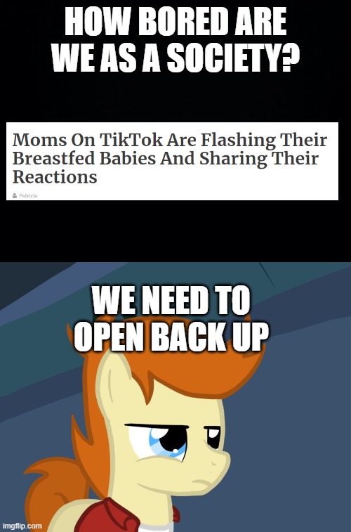 Um... wow. | HOW BORED ARE WE AS A SOCIETY? WE NEED TO OPEN BACK UP | image tagged in black background,futurama fry pony | made w/ Imgflip meme maker