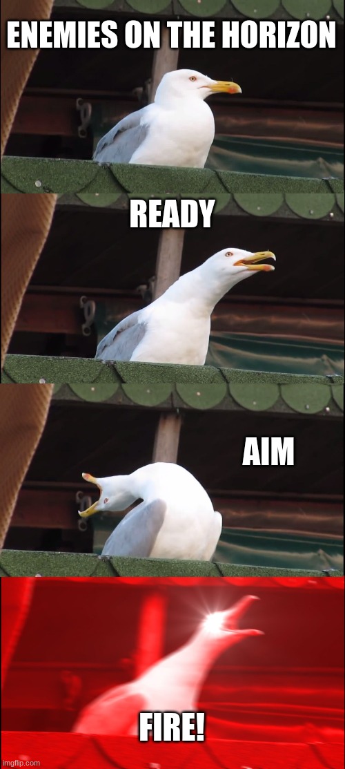 Inhaling Seagull | ENEMIES ON THE HORIZON; READY; AIM; FIRE! | image tagged in memes,inhaling seagull | made w/ Imgflip meme maker