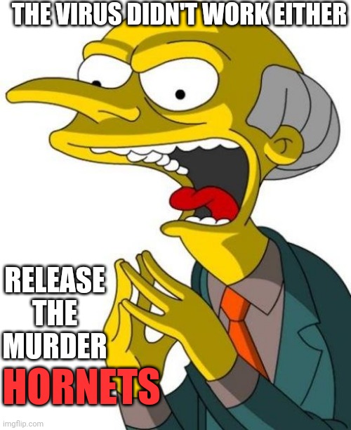 Another Democratic Party Evil Plan | THE VIRUS DIDN'T WORK EITHER; RELEASE THE MURDER; HORNETS | image tagged in mr burns,ConservativeMemes | made w/ Imgflip meme maker