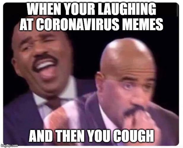 WHEN YOUR LAUGHING AT CORONAVIRUS MEMES; AND THEN YOU COUGH | image tagged in steve harvey | made w/ Imgflip meme maker