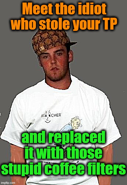 warmer season Scumbag Steve | Meet the idiot who stole your TP and replaced it with those stupid coffee filters | image tagged in warmer season scumbag steve | made w/ Imgflip meme maker