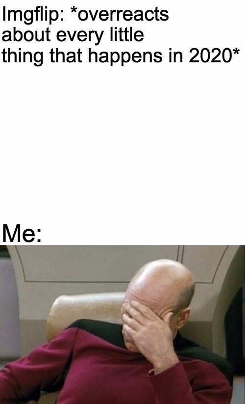 Geez guys, just stop it. | Imgflip: *overreacts about every little thing that happens in 2020*; Me: | image tagged in memes,captain picard facepalm,blank slate | made w/ Imgflip meme maker