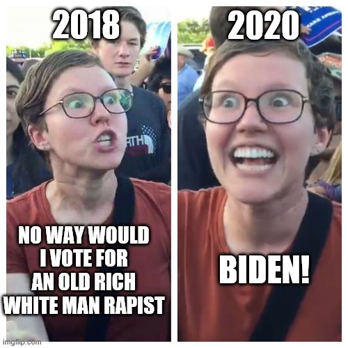 If it wasn't for double standards, leftists wouldn't have any | 2020; 2018; NO WAY WOULD I VOTE FOR AN OLD RICH WHITE MAN RAPIST; BIDEN! | image tagged in triggered hypocrite feminist,biden,sjw | made w/ Imgflip meme maker