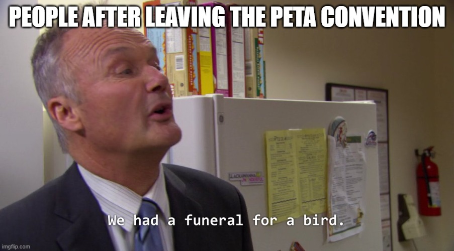 PETA Bird Funeral | PEOPLE AFTER LEAVING THE PETA CONVENTION | image tagged in peta,the office,creed the office,birds,funeral | made w/ Imgflip meme maker