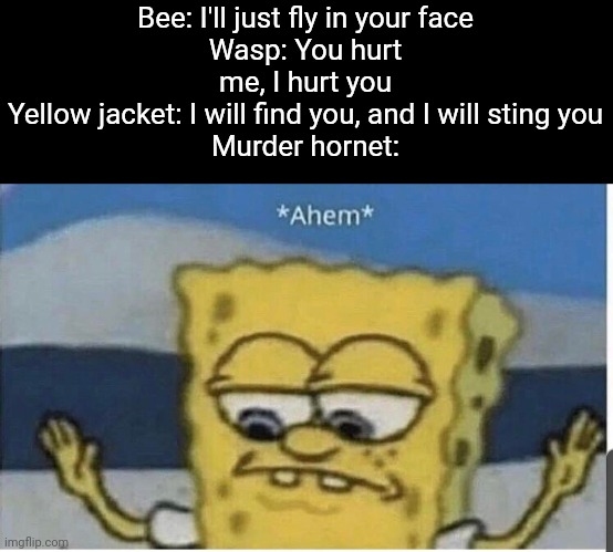 You can run but you can't hide | Bee: I'll just fly in your face
Wasp: You hurt me, I hurt you
Yellow jacket: I will find you, and I will sting you
Murder hornet: | image tagged in memes,spongebob ahem | made w/ Imgflip meme maker