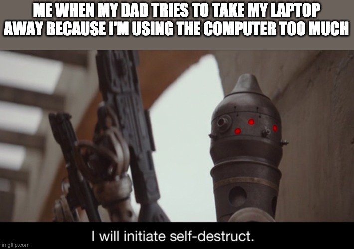 You Can't Touch My Computer | ME WHEN MY DAD TRIES TO TAKE MY LAPTOP AWAY BECAUSE I'M USING THE COMPUTER TOO MUCH | image tagged in i will initiate self-destruct,parents | made w/ Imgflip meme maker