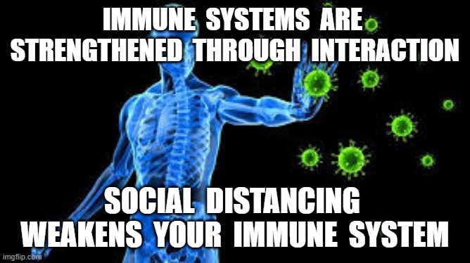 Medical  Fact |  IMMUNE  SYSTEMS  ARE  STRENGTHENED  THROUGH  INTERACTION; SOCIAL  DISTANCING  WEAKENS  YOUR  IMMUNE  SYSTEM | image tagged in coronavirus,covid19,chinese virus,social distancing,plandemic | made w/ Imgflip meme maker