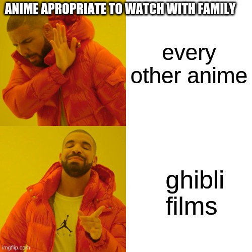 Drake Hotline Bling Meme | ANIME APROPRIATE TO WATCH WITH FAMILY; every other anime; ghibli films | image tagged in memes,drake hotline bling | made w/ Imgflip meme maker