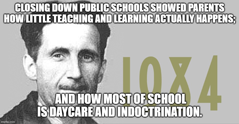 1984 Indoctrination | CLOSING DOWN PUBLIC SCHOOLS SHOWED PARENTS HOW LITTLE TEACHING AND LEARNING ACTUALLY HAPPENS;; AND HOW MOST OF SCHOOL IS DAYCARE AND INDOCTRINATION. | image tagged in 1984,george orwell | made w/ Imgflip meme maker
