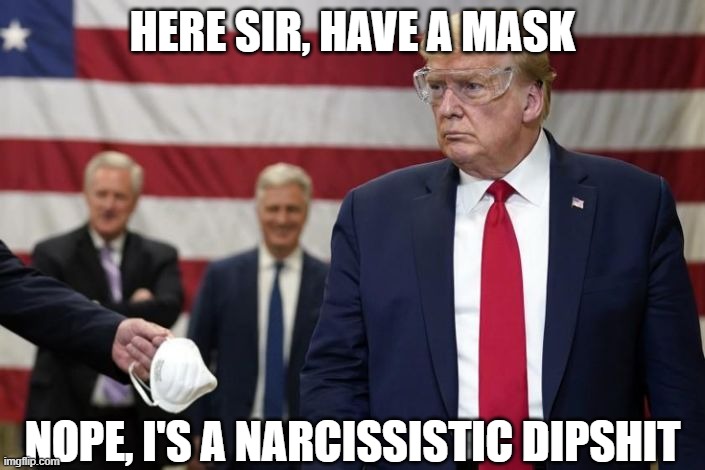 dipshit trump | HERE SIR, HAVE A MASK; NOPE, I'S A NARCISSISTIC DIPSHIT | image tagged in mask,covid-19,trump | made w/ Imgflip meme maker