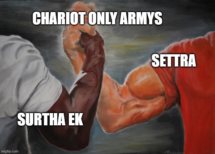 Predator Handshake | CHARIOT ONLY ARMYS; SETTRA; SURTHA EK | image tagged in predator handshake | made w/ Imgflip meme maker