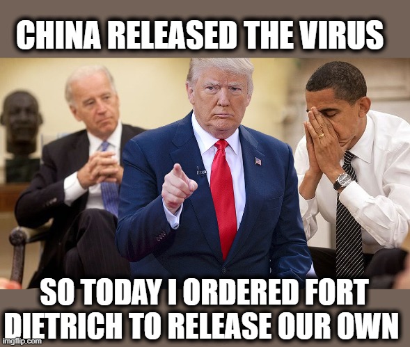 Would not surprise me anymore | CHINA RELEASED THE VIRUS; SO TODAY I ORDERED FORT DIETRICH TO RELEASE OUR OWN | image tagged in memes,politics,donald trump is an idiot,maga,coronavirus,fail | made w/ Imgflip meme maker