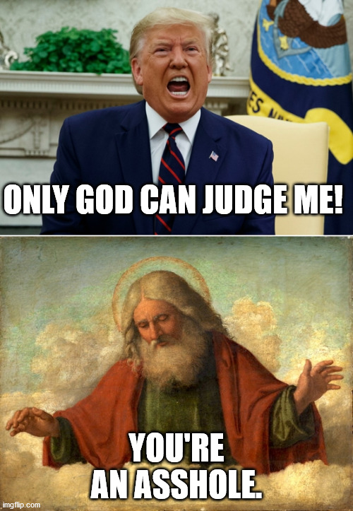 ONLY GOD CAN JUDGE ME! YOU'RE AN ASSHOLE. | image tagged in god,trump,asshole | made w/ Imgflip meme maker