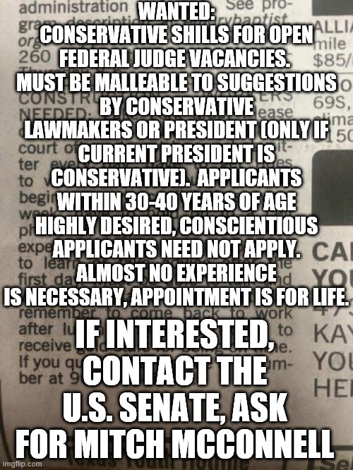 now hiring! | WANTED: CONSERVATIVE SHILLS FOR OPEN FEDERAL JUDGE VACANCIES.  MUST BE MALLEABLE TO SUGGESTIONS BY CONSERVATIVE LAWMAKERS OR PRESIDENT (ONLY IF CURRENT PRESIDENT IS CONSERVATIVE).  APPLICANTS WITHIN 30-40 YEARS OF AGE HIGHLY DESIRED, CONSCIENTIOUS APPLICANTS NEED NOT APPLY.  ALMOST NO EXPERIENCE  IS NECESSARY, APPOINTMENT IS FOR LIFE. IF INTERESTED, CONTACT THE U.S. SENATE, ASK FOR MITCH MCCONNELL | image tagged in want ad,politics | made w/ Imgflip meme maker