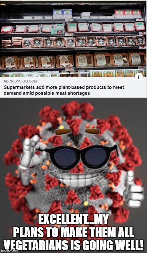 I Knew It | EXCELLENT...MY PLANS TO MAKE THEM ALL VEGETARIANS IS GOING WELL! | image tagged in coronavirus | made w/ Imgflip meme maker