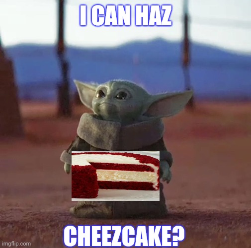 I can had cheezcake | I CAN HAZ; CHEEZCAKE? | image tagged in baby yoda,cheesecake | made w/ Imgflip meme maker
