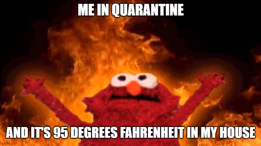 elmo fire | ME IN QUARANTINE; AND IT'S 95 DEGREES FAHRENHEIT IN MY HOUSE | image tagged in elmo fire | made w/ Imgflip meme maker
