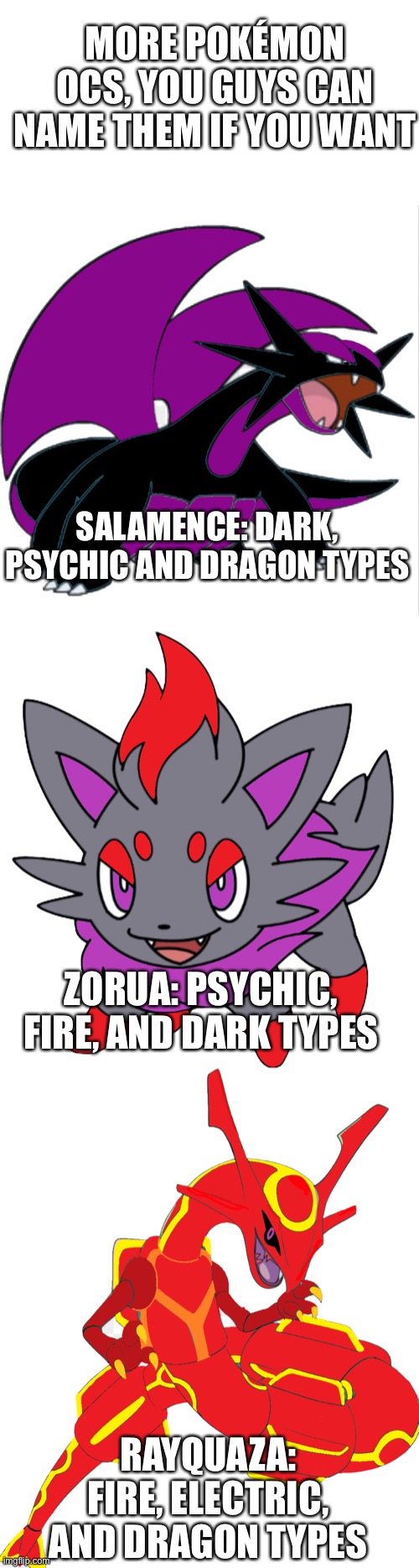 You guys can choose their names | MORE POKÉMON OCS, YOU GUYS CAN NAME THEM IF YOU WANT; SALAMENCE: DARK, PSYCHIC AND DRAGON TYPES; ZORUA: PSYCHIC, FIRE, AND DARK TYPES; RAYQUAZA: FIRE, ELECTRIC, AND DRAGON TYPES | image tagged in pokemon | made w/ Imgflip meme maker