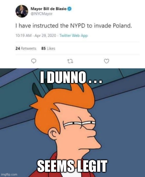 Wouldn’t be surprised. | I DUNNO . . . SEEMS LEGIT | image tagged in memes,futurama fry,de blasio,tyranny,government stupidity | made w/ Imgflip meme maker