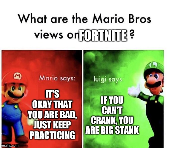 Hmmmmm | FORTNITE; IT'S OKAY THAT YOU ARE BAD, JUST KEEP PRACTICING; IF YOU CAN'T CRANK, YOU ARE BIG STANK | image tagged in mario bros views | made w/ Imgflip meme maker