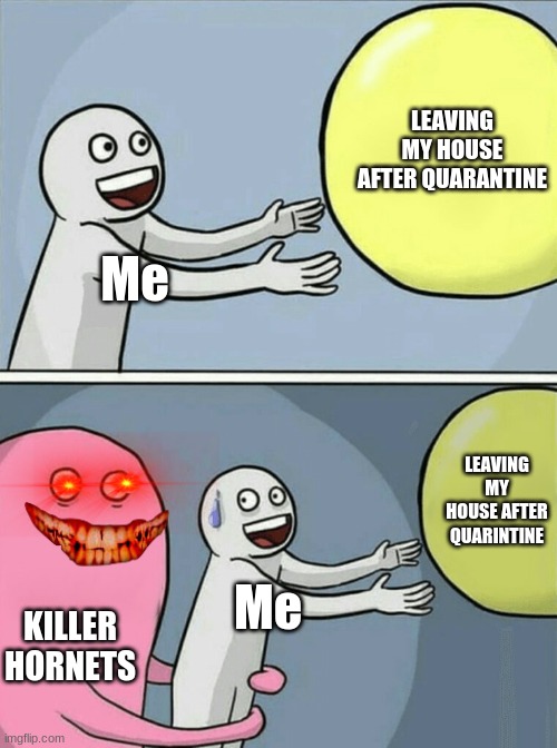 KillerHornets.exe | LEAVING MY HOUSE AFTER QUARANTINE; Me; LEAVING MY HOUSE AFTER QUARINTINE; Me; KILLER HORNETS | image tagged in memes,running away balloon | made w/ Imgflip meme maker