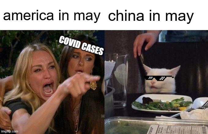 Woman Yelling At Cat | america in may; china in may; COVID CASES | image tagged in memes,woman yelling at cat | made w/ Imgflip meme maker