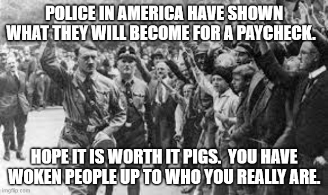 Gestapo 2.0 | POLICE IN AMERICA HAVE SHOWN WHAT THEY WILL BECOME FOR A PAYCHECK. HOPE IT IS WORTH IT PIGS.  YOU HAVE WOKEN PEOPLE UP TO WHO YOU REALLY ARE. | image tagged in nazi germany approves | made w/ Imgflip meme maker