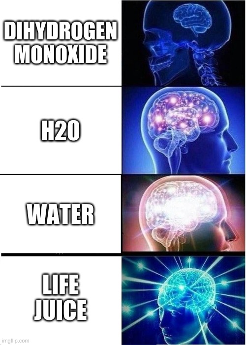 L I F E   J U I C E . | DIHYDROGEN MONOXIDE; H20; WATER; LIFE JUICE | image tagged in memes,expanding brain | made w/ Imgflip meme maker