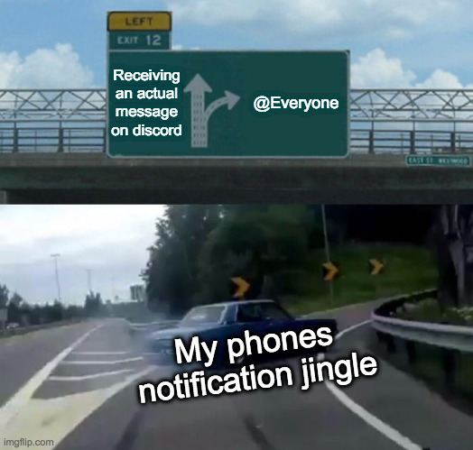Left Exit 12 Off Ramp | Receiving an actual message on discord; @Everyone; My phones notification jingle | image tagged in memes,left exit 12 off ramp | made w/ Imgflip meme maker