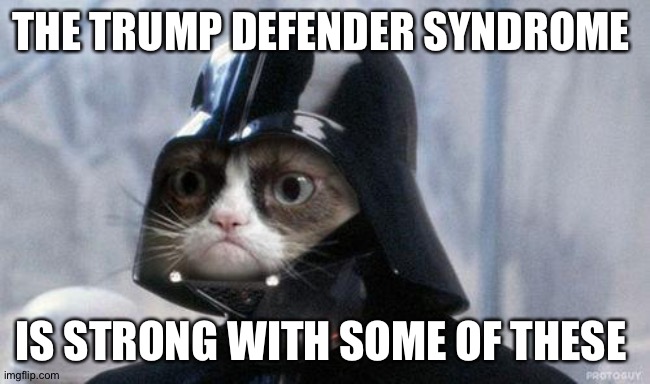 Grumpy Cat Star Wars Meme | THE TRUMP DEFENDER SYNDROME IS STRONG WITH SOME OF THESE | image tagged in memes,grumpy cat star wars,grumpy cat | made w/ Imgflip meme maker