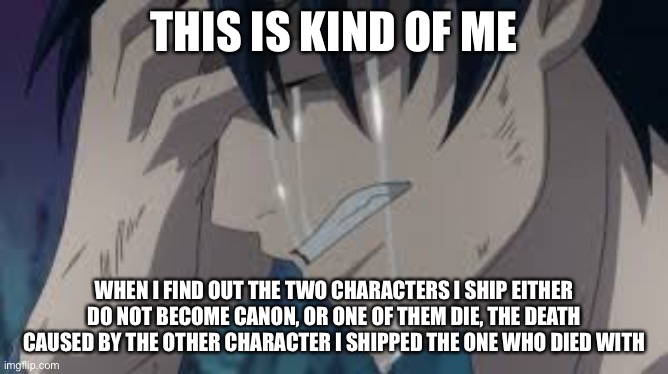 This has a lot of boring info on it. I know you don’t care about my life story. | THIS IS KIND OF ME; WHEN I FIND OUT THE TWO CHARACTERS I SHIP EITHER DO NOT BECOME CANON, OR ONE OF THEM DIE, THE DEATH CAUSED BY THE OTHER CHARACTER I SHIPPED THE ONE WHO DIED WITH | image tagged in yaoi | made w/ Imgflip meme maker