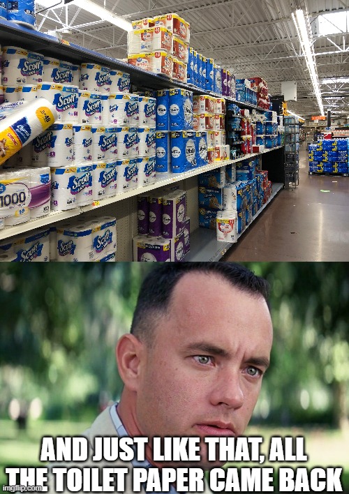 Gump with toilet paper | AND JUST LIKE THAT, ALL THE TOILET PAPER CAME BACK | image tagged in memes,and just like that | made w/ Imgflip meme maker