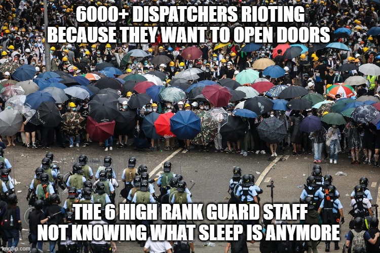 SCR | 6000+ DISPATCHERS RIOTING BECAUSE THEY WANT TO OPEN DOORS; THE 6 HIGH RANK GUARD STAFF NOT KNOWING WHAT SLEEP IS ANYMORE | image tagged in roblox,train,funny | made w/ Imgflip meme maker