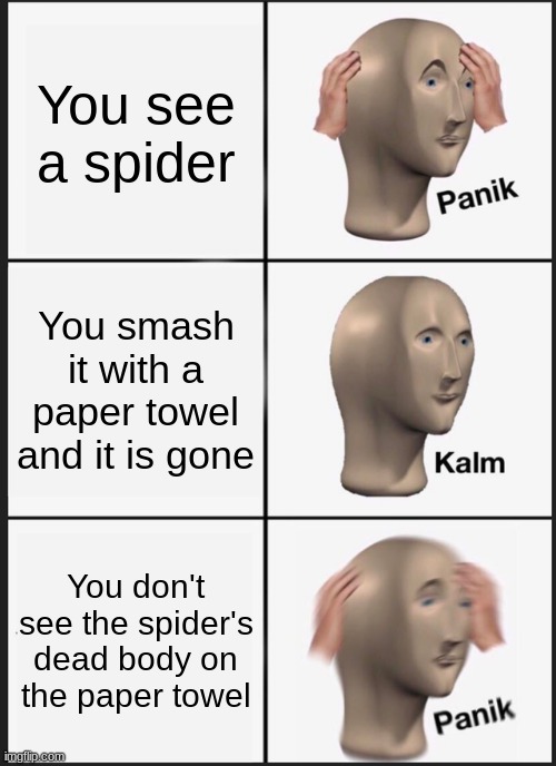 Panik Kalm Panik | You see a spider; You smash it with a paper towel and it is gone; You don't see the spider's dead body on the paper towel | image tagged in memes,panik kalm panik,fun | made w/ Imgflip meme maker