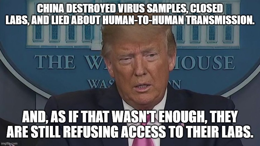 China destroyed virus samples, closed labs, and lied about human-to-human transmission. | CHINA DESTROYED VIRUS SAMPLES, CLOSED LABS, AND LIED ABOUT HUMAN-TO-HUMAN TRANSMISSION. AND, AS IF THAT WASN'T ENOUGH, THEY ARE STILL REFUSING ACCESS TO THEIR LABS. | image tagged in if only you knew how bad things really are | made w/ Imgflip meme maker
