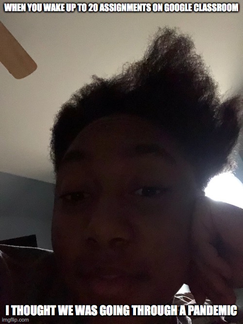 UmMm... ExCuSe mE | WHEN YOU WAKE UP TO 20 ASSIGNMENTS ON GOOGLE CLASSROOM; I THOUGHT WE WAS GOING THROUGH A PANDEMIC | image tagged in covid-19 | made w/ Imgflip meme maker