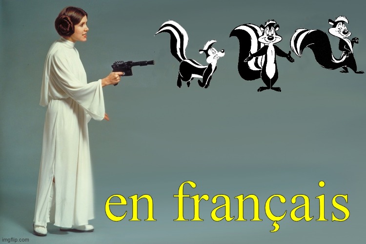 French Pew Pew Pew | image tagged in princess leia,pepe le pew,pew pew pew | made w/ Imgflip meme maker