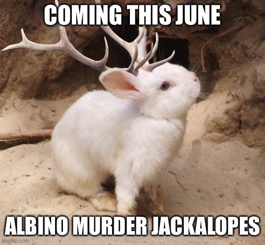 June | COMING THIS JUNE; ALBINO MURDER JACKALOPES | image tagged in funny | made w/ Imgflip meme maker