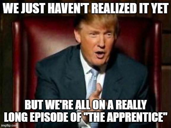 And the world is watching... | WE JUST HAVEN'T REALIZED IT YET; BUT WE'RE ALL ON A REALLY LONG EPISODE OF "THE APPRENTICE" | image tagged in donald trump,the apprentice | made w/ Imgflip meme maker