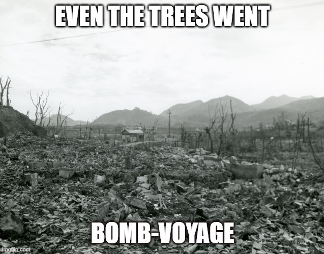 Bombs away | EVEN THE TREES WENT; BOMB-VOYAGE | image tagged in history,homework | made w/ Imgflip meme maker