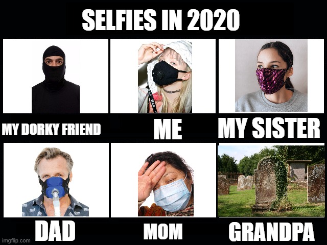 Selfies in 2020 | SELFIES IN 2020; MY SISTER; ME; MY DORKY FRIEND; DAD; GRANDPA; MOM | image tagged in what my friends think i do,coronavirus,coronavirus meme,social distancing,selfies,2020 | made w/ Imgflip meme maker